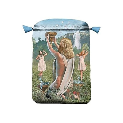 Satin tarot bag with woman holding up chalice, 2 women dancing in background