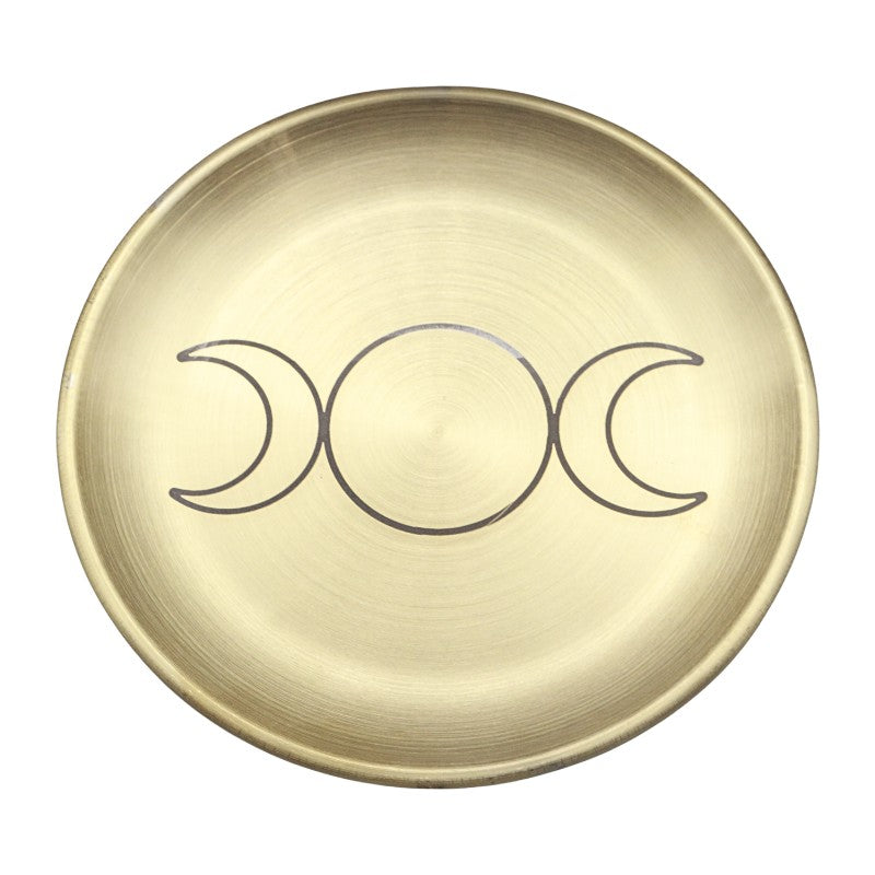 A round, brushed brass or gold-toned metal plate featuring a central triple moon symbol in dark gray, isolated on a white background.
