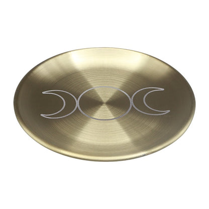 A round brushed metal tray featuring a triple moon symbol in the center, isolated on a white background.