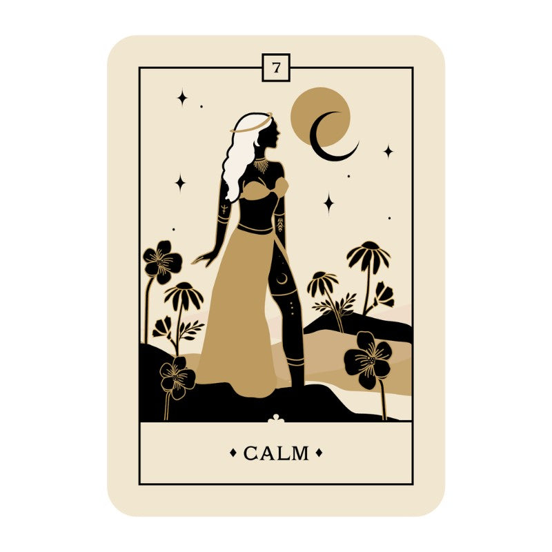 oracle  card with a stylized figure, moon, and flowers on a beige background