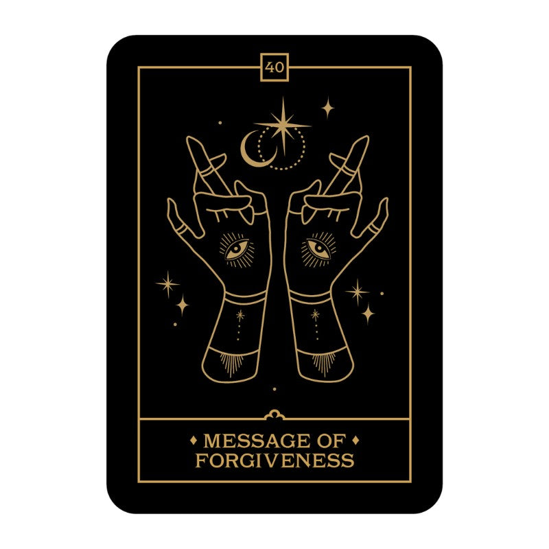 oracle card with hands and celestial symbols on a black background