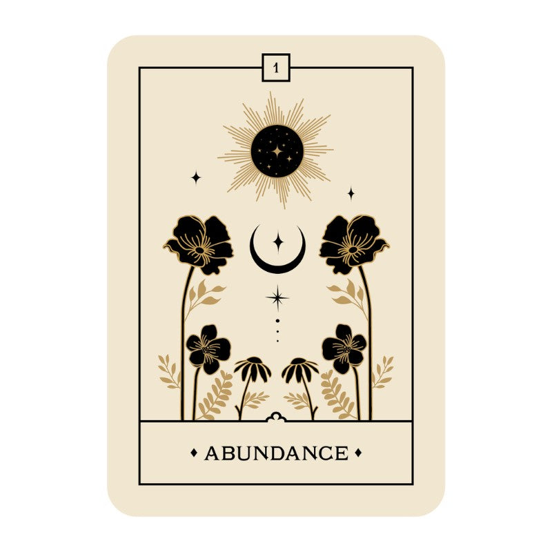 oracle card with floral design and celestial symbols on a beige background
