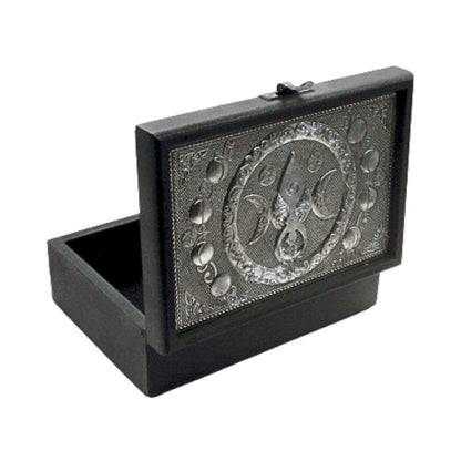 Black jewelry box with silver goddess emblem on a white background