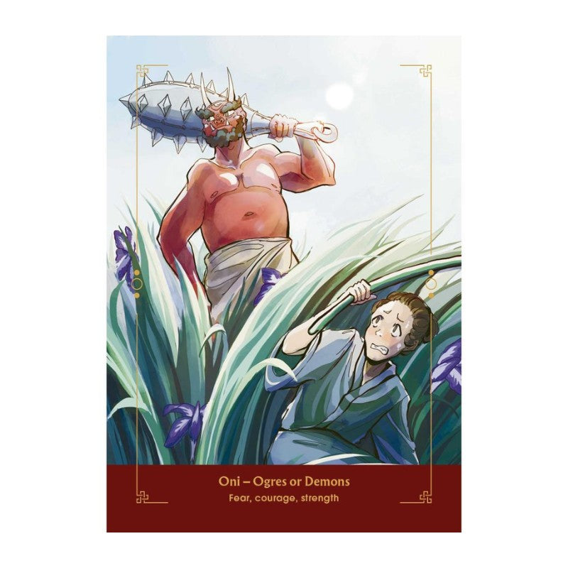 Yokai Oracle card with an  Illustration of a warrior and a demon in a grassy field with a red border and text.