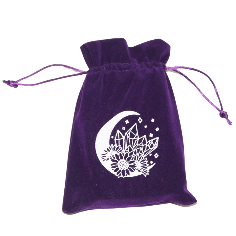 purple tarot bag with white moon and crystal print